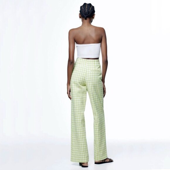 Zara Gingham Checkerboard Wide Leg Trouser Dress Pants Green White Dopamine Boho - Picture 6 of 16